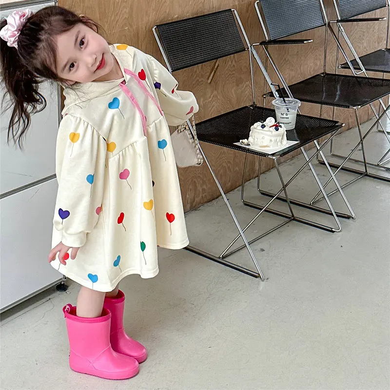 Girls' Dress Colorful Heart Balloon Dress Sweatshirt Dress25Spring and Autumn New Fashion Foreign Trade Children's Clothing Whol