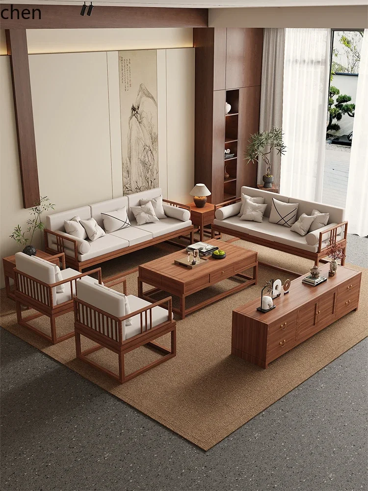 solid wood sofa combination set household living room log Chinese zen solid wood sofa new