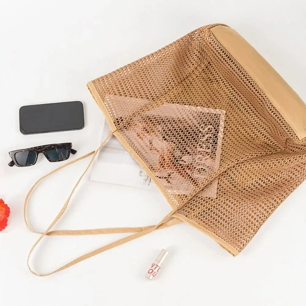 1pcs Foldable Beach Bag with Mesh Net, Women's Shoulder Bag, Essential for Outdoor Travel and Leisure Activities