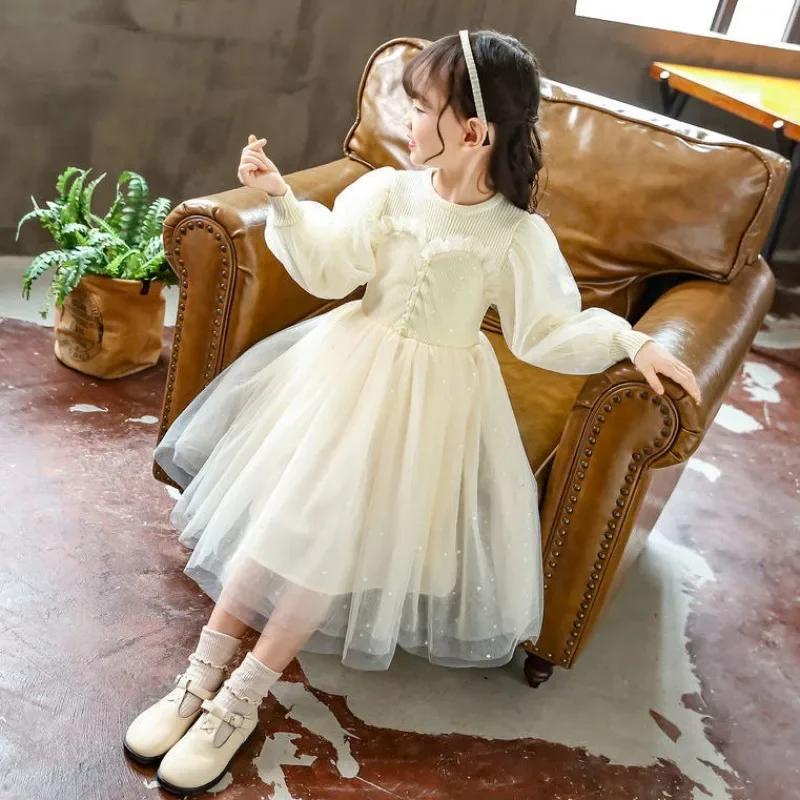 2025 New Girls Autumn Winter Cinderella Style Princess Dress Thick Knit Lace Skirt for Kids Little Girls Winter Party Wear 3