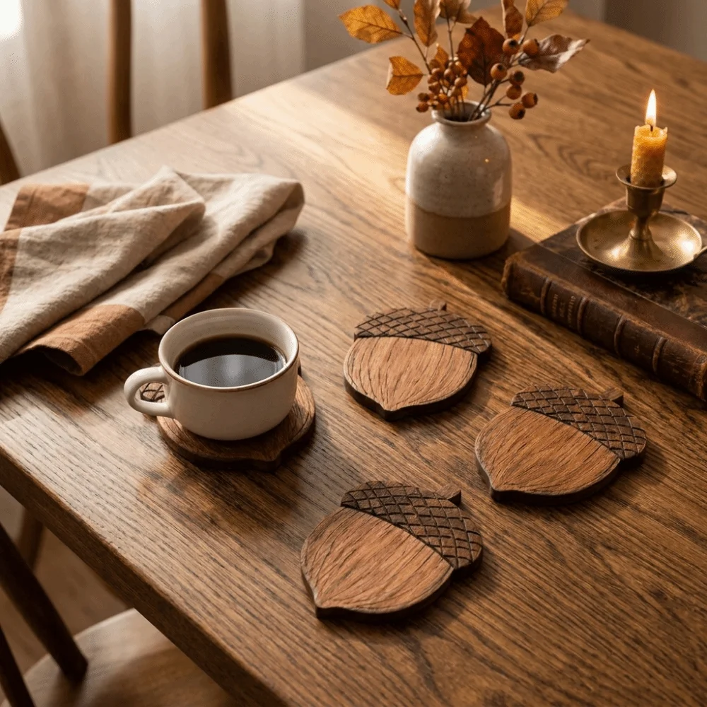5PCS 2D Flat Acorn-Shaped Coasters Non-Slip Heat-Resistant Water Cup Mat Anti Scald Natural Tea Coasters Housewarming Gift