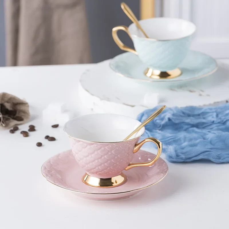 Couple Ceramic Coffee Cup Saucer Set Golden Handle Fish Scale Texture Mug Creative Holiday Gift Household Breakfast Tableware