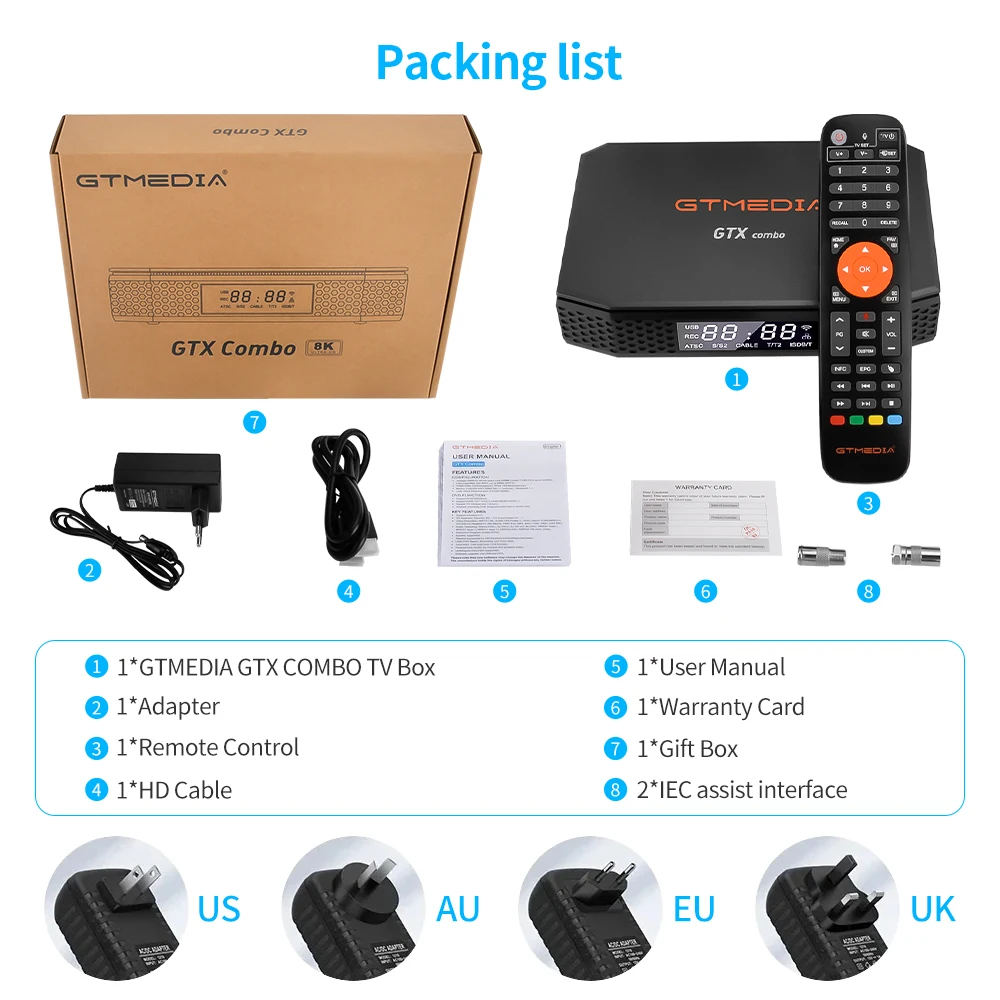 GTMEDIA GTX Combo LAcam 4K/8K فك تشفير Android 9.0+DVB-S2/T2/C2 2GB+32GB TV Box يدعم LACAM/CCAM/M3U، CA&CI+Slot، SATA-HDD، BT4.1
