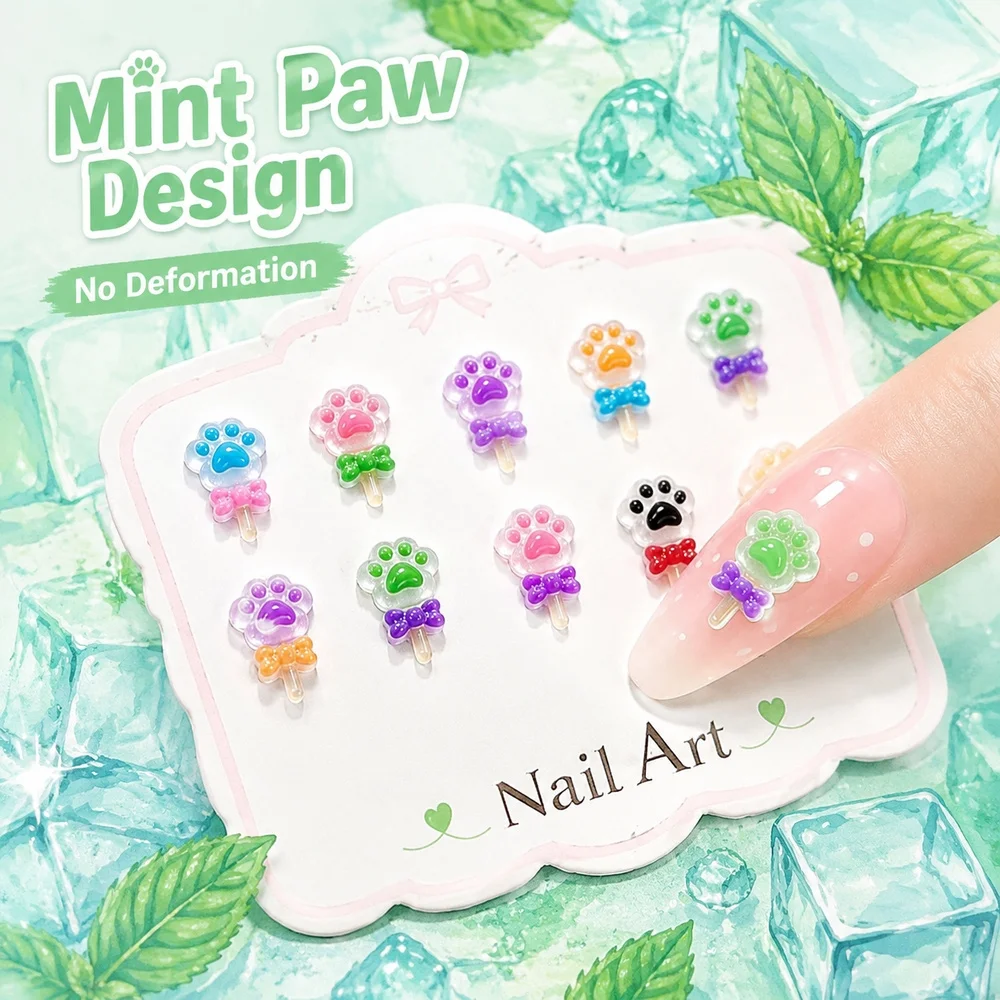 50Pcs Multicolor Cartoon Nail Studs Cat Paw Magic Wand Bow Charms Ladies Daily Sweet Nail Art Accessories