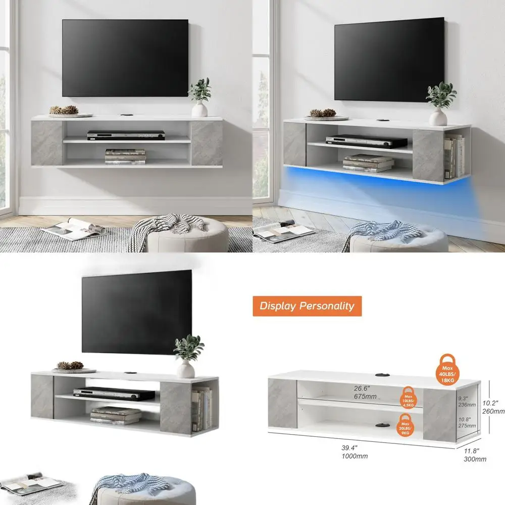 

Современная настенная тумба под телевизор с LED-подсветкой и открытыми полками, серо-белая медиаконсоль для гостиной