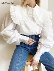 Mnealways18 Big Peter Pan Collar Ruffle Womens Blouse Long Sleeve White Cotton Casual Tops Female Spring Summer Frill Shirt 2024