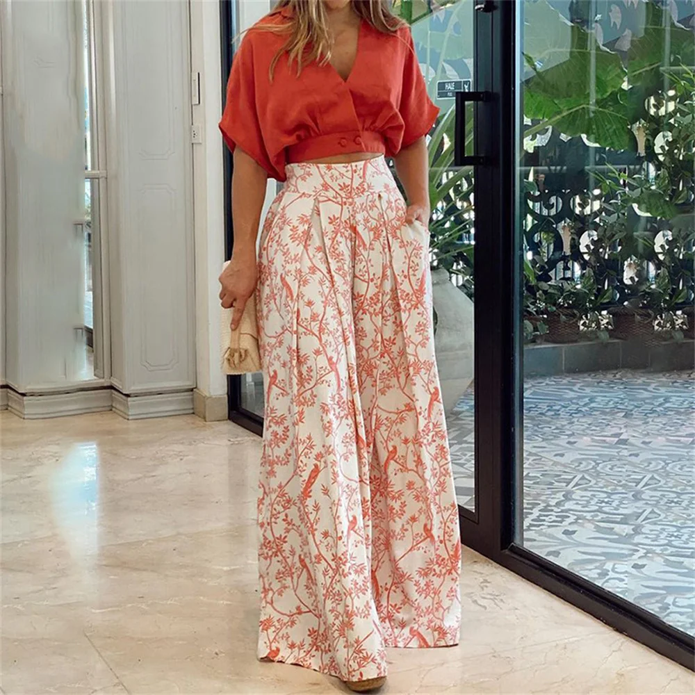 2024 summer women's fashion new flared pants suit shirt top V-neck fashion printed wide-leg pants two-piece set