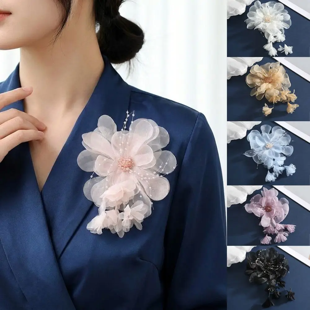 Elegant Reusable Organza Flower Applique Embroidered Beaded Handmade Flower Brooch Exquisite Tassels Flower Patch DIY