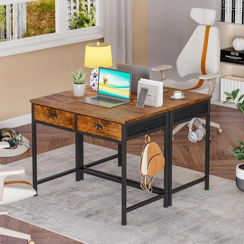 Computer Desk with 2 Fabric Drawers, 36 Inch Small Home Office Writing Desk, Vanity Hooks, Simple Study for Spaces,Rustic Brown