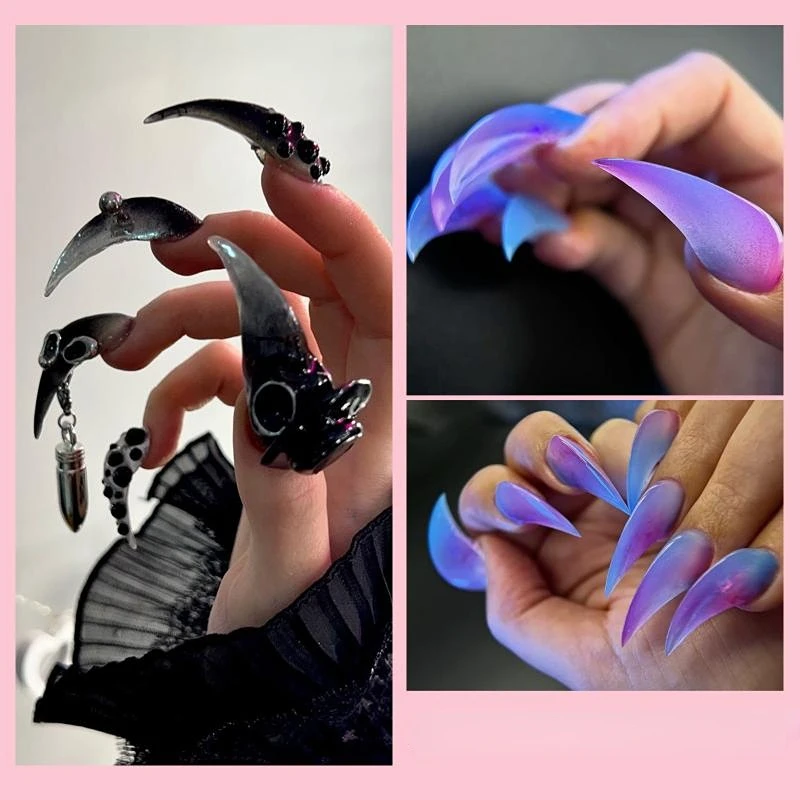 Gotische stijl helder kort gebogen stiletto nageltips nagel dubbele vorm nagelverlenging 3D kattenklauw sculpturale nagels volledige dekking mallen
