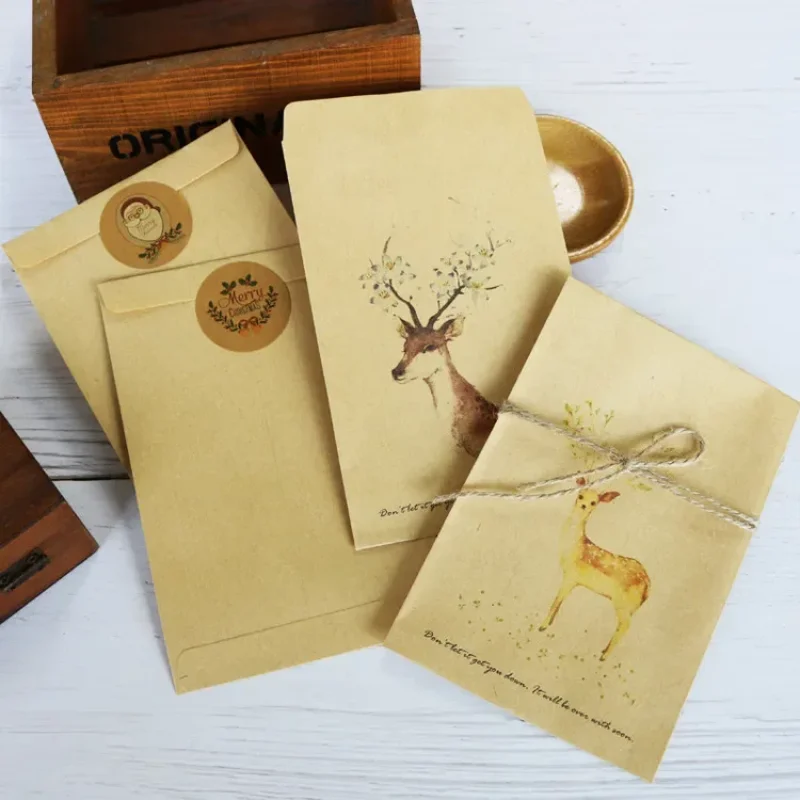 10pcs 귀여운 숲 사슴 봉투 종이 엽서 인사말 카드 레트로 미니멀리스트 편지지 학교 용품 파티 선물 봉투