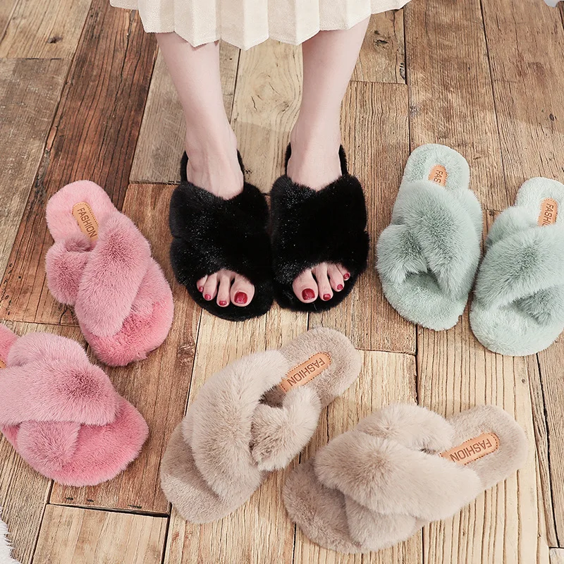 Warm Fluffy Slippers Women Fashion Cozy Faux Fur Cross Indoor Floor Slides Flat Soft Furry Ladies Female Celebrities Flip Flops