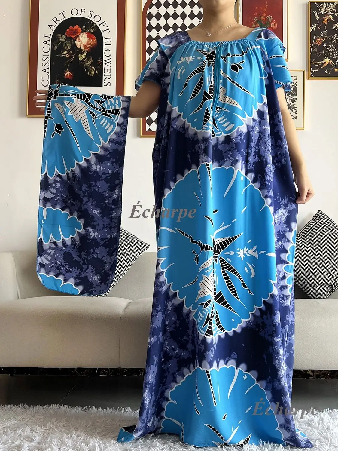 2023 African Dashiki Dress Kaftan Abaya Cotton Boat-neck Floral Dress Printed Short Sleeve Loose Women Casual Dress with Scarf