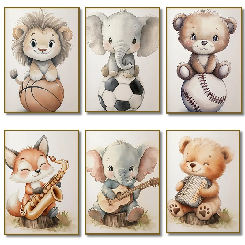 Watercolor Cute Animals Fox, Elephant, Bear, Playing Instruments Poster Canvas Painting Print Nursery Wall Art Home Decor