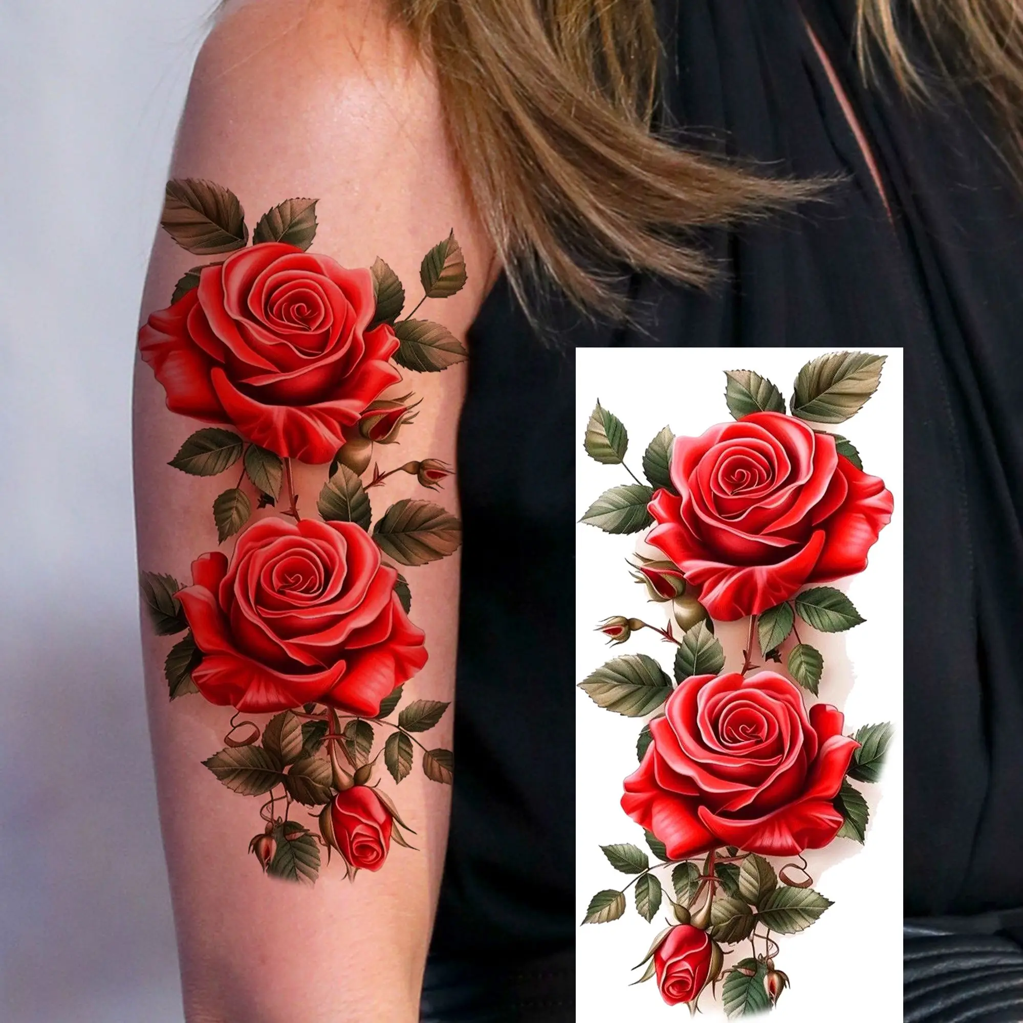 1 Sheet Watercolor 3D Peony Rose Flowers Temporary Tattoos For Women Long Lasting Body Art Tatoos Waterproof Fake Tattoo Sticker