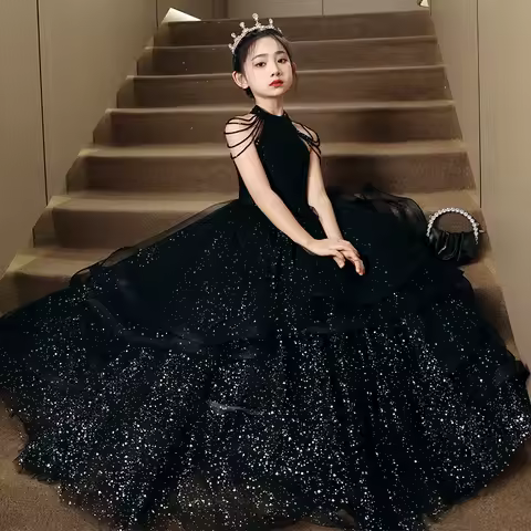 Elegant Black Tulle Ruffles Party Dress For Girls Luxury Beading Sleeveless Long Princess Formal Evening Ball Gown Prom Dress