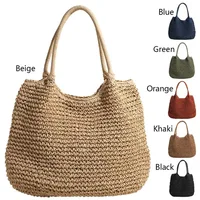 Women Straw Bag Tote Handbag Large Capacity Vintage Shoulder Bag Solid Color Simple Weaving Handbag Ladies Summer Daily Bag