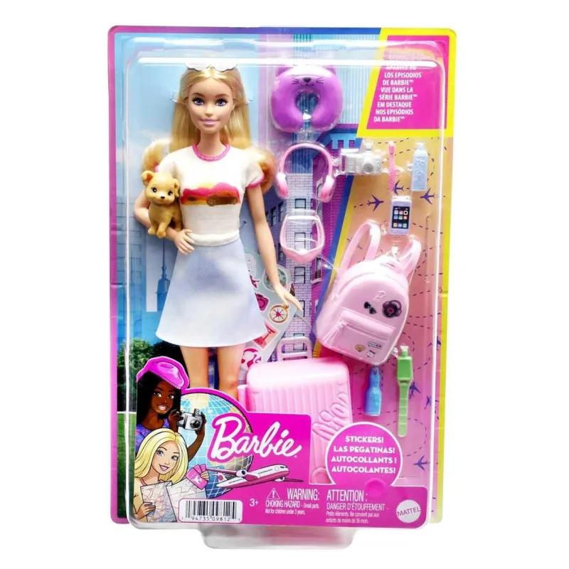 Muñeca de Moda Barbie y Malibu con Accesorios de Viaje, Maleta, Mochila, Cámara, Cachorro, Mascota, Coleccionable para Vacaciones