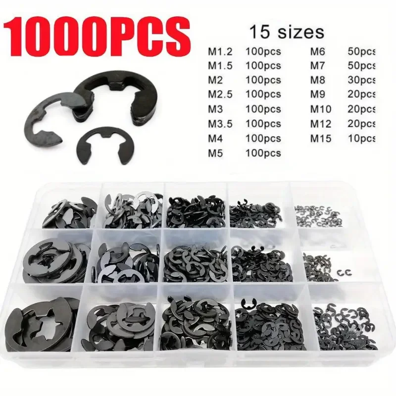 

1000PCS M1.2 to M15 Black Carbon Steel External Retaining Ring E Clip Snap Circlip Washer for Shaft Retaining Ring Fastener Kit