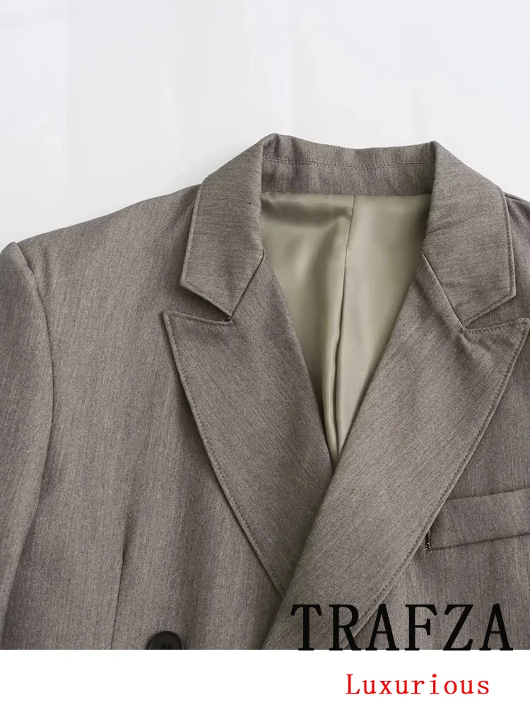 TRAFZA Vintage Office Lady Gray Solid Women Suit V Neck Double Breasted Blazer Straight Loose Pants Fashion 2024 Spring Sets