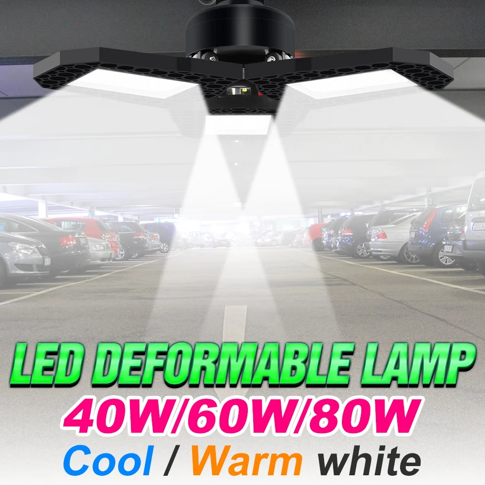 

Светодиодная лампа для гаража 80 Вт, цоколь E27/E26, складная, деформируемая, потолочный светильник, AC85-265V, прожекторы для склада, мастерской, подвала