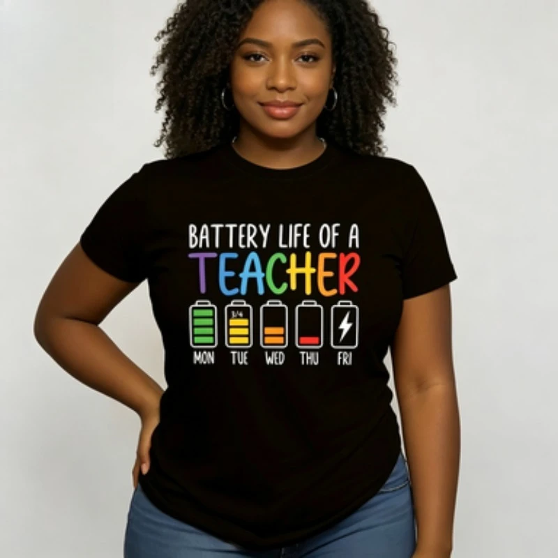 Summer Ladies Soft Cotton T‑Shirt, Funny Teacher Weekly Battery Indicator Slogan Print Crew‑neck Short‑sleeve Casual  Tee