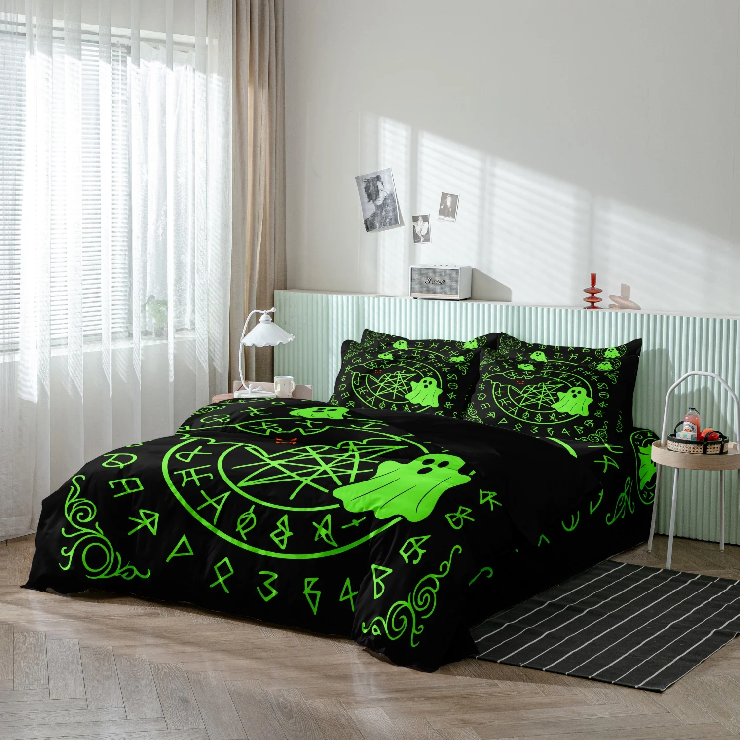  3 Pieces Dark Gothic Ghost Print Duvet Cover Set, Black Green Rune Symbol Pentagram Spooky Halloween Pattern Bedding