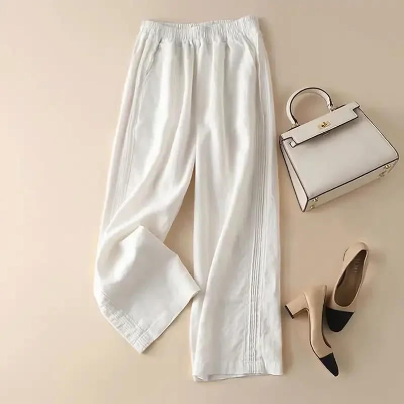 

Cotton and Linen Female 2024 Summer Loose Casual Appear Thin High Waisted Thin Style Straight Cylinder Wide Leg Pants L56