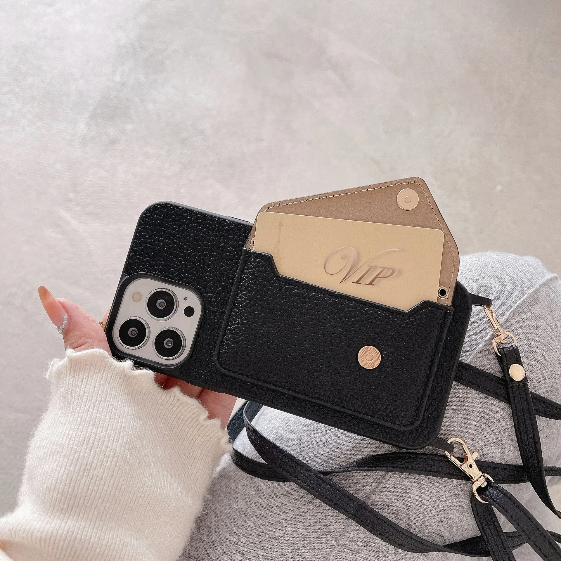 Capa de couro com alça ajustável, estojo para telefone, porta-cartão carteira, iPhone 16, 15, 14 Plus, 13, 12, 11 Pro Max