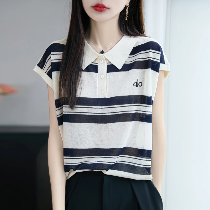 

2025 Summer New High end Hot selling Polo Embroidered Stripe Knitted Short Sleeve Loose T-shirt Hoodie Top Casual Korean Edition