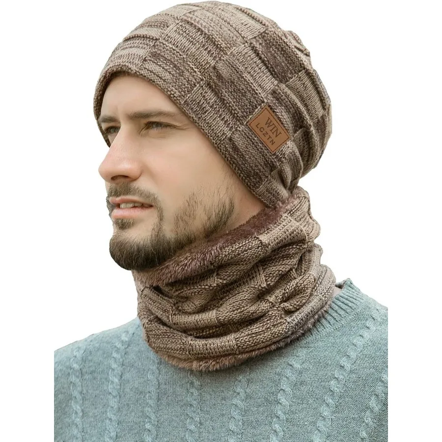 

LCZTN Mens Winter Beanie Hat Scarf Set Warm Fleece Lined Knit Ski Hats Slouchy Skull Cap for Unisex Gift