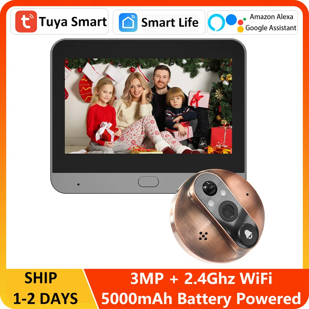 

3MP Smart Tuya Door Peephole WiFi 2.4G 5000mAh Magic Eye Door Camera Infrared Alexa Google Video Intercom Wireless doorbell