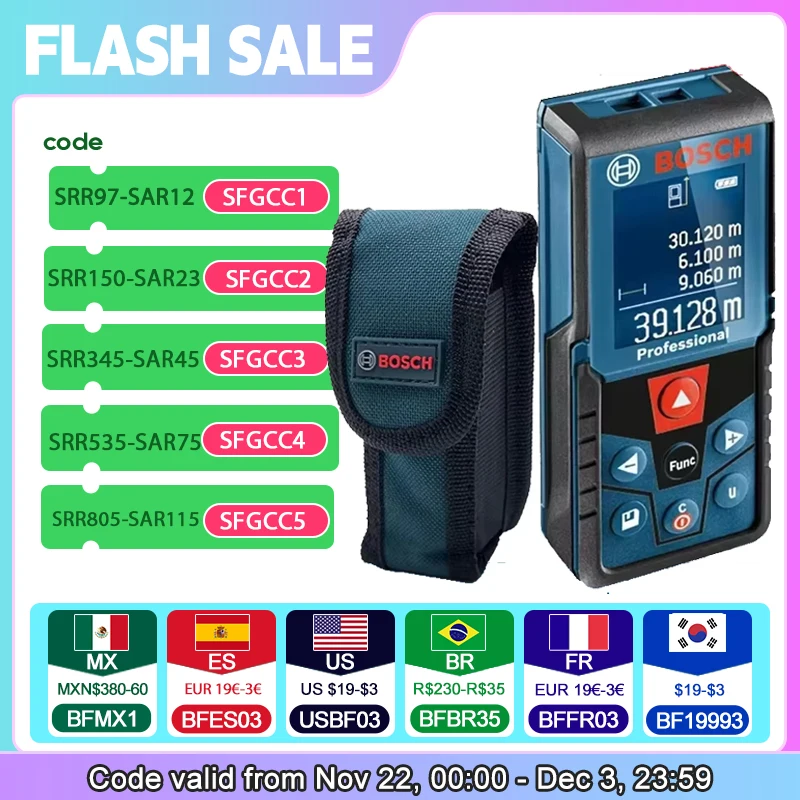 

Bosch GLM 400 Laser Rangefinder 40M Profesional Laser Distance Digital Tape Measure Color Display 15 Data Storage IP54