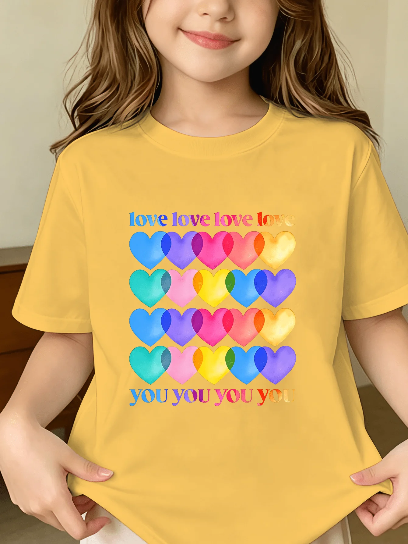Rainbow Hearts Kids Tee Love You Letter Print Boys Girls Family Matching Cotton Summer Short Sleeve Basic Children Tshirt