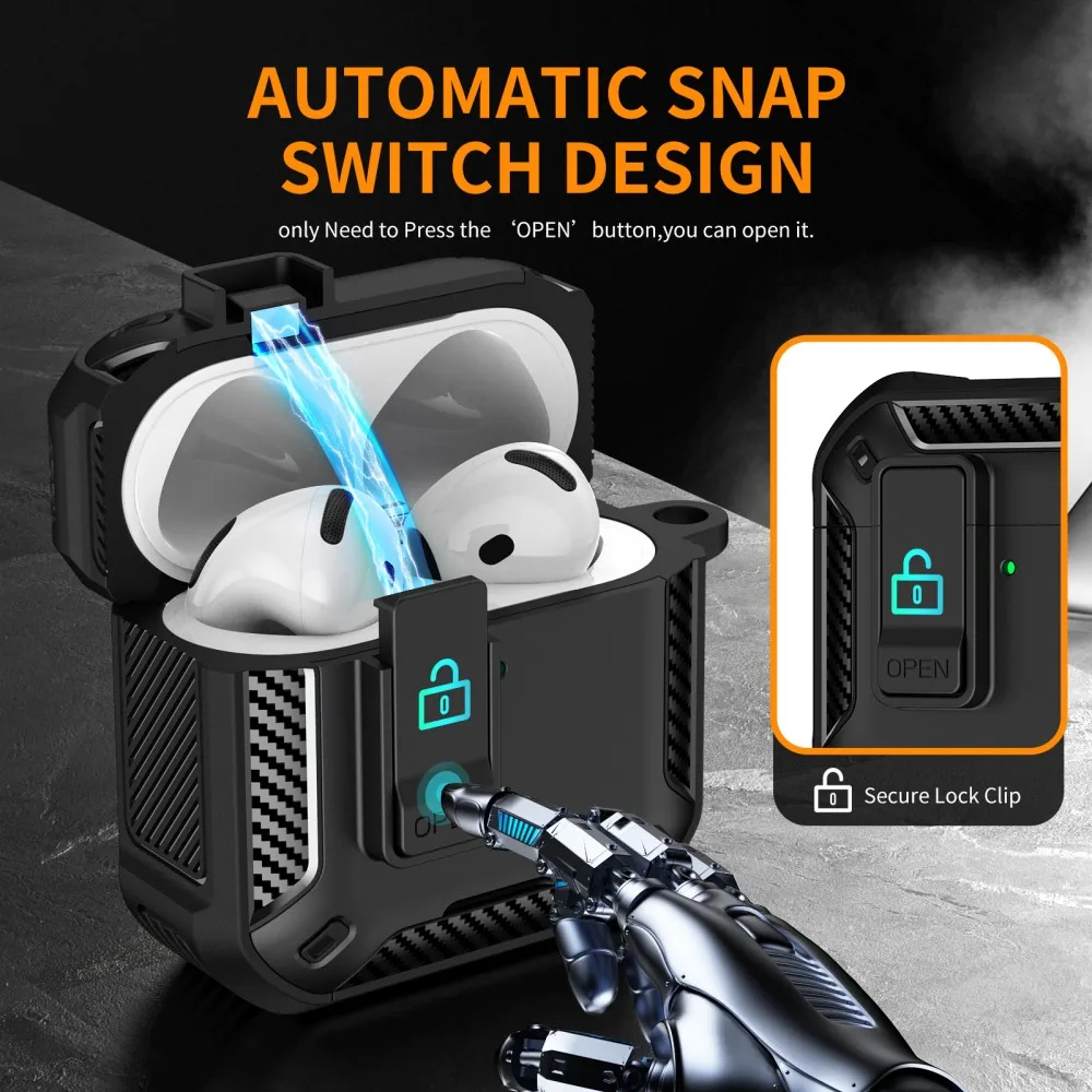 2025 جديد ألياف الكربون سماعة غطاء ل AirPods 4 برو 2 2nd Pro2 غطاء مع حامل هاتف قفل كليب درع للصدمات للرجال