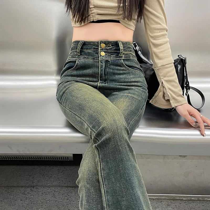 Jean en Denim Micro évasé taille haute pour femmes, coupe Slim, élastique, à franges, en coton, pantalon en Denim élastique, vêtements d'été