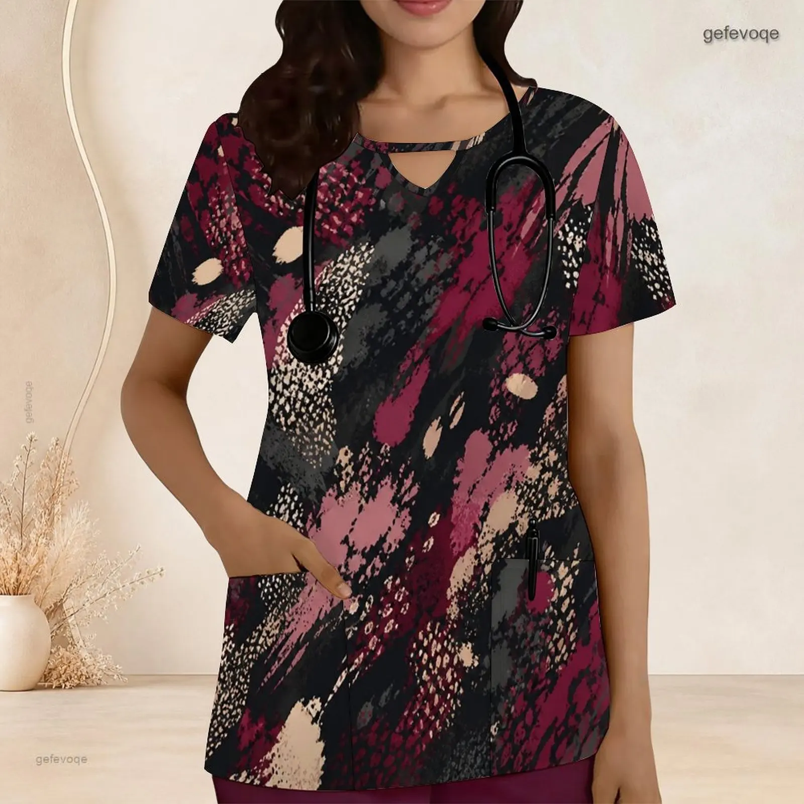 Keyhole Neck Short Sleeve Front Pockets Printed Scrub Top for Women