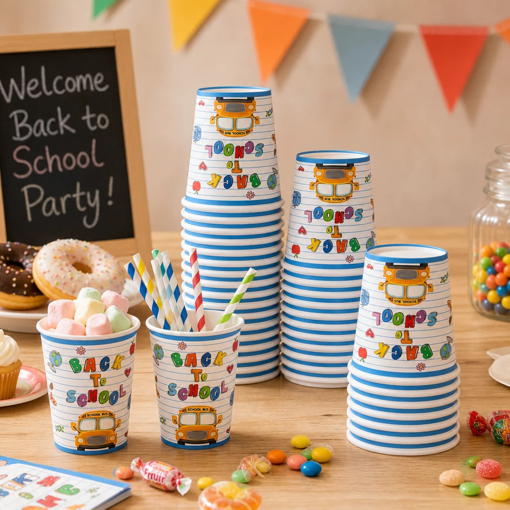 Welcome back to school. School starting supplies - paper cups for classes, notebook covers in digital format for school buses, b