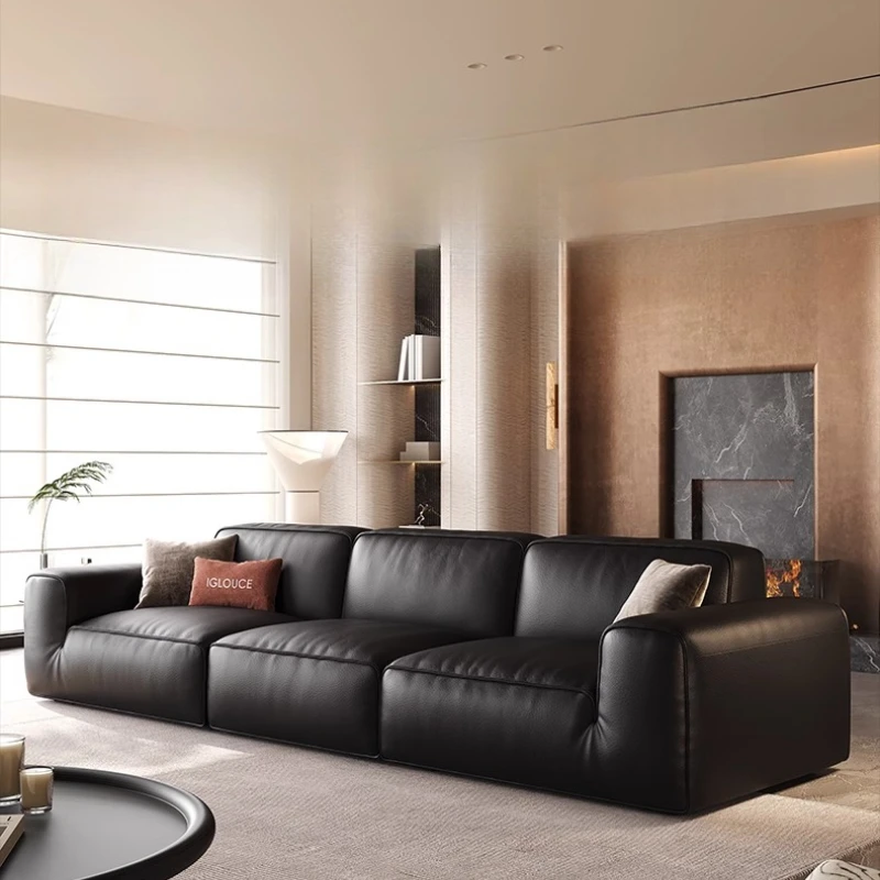 

Leather sofa living room first layer cowhide black Italian minimalist tofu blocks straight row