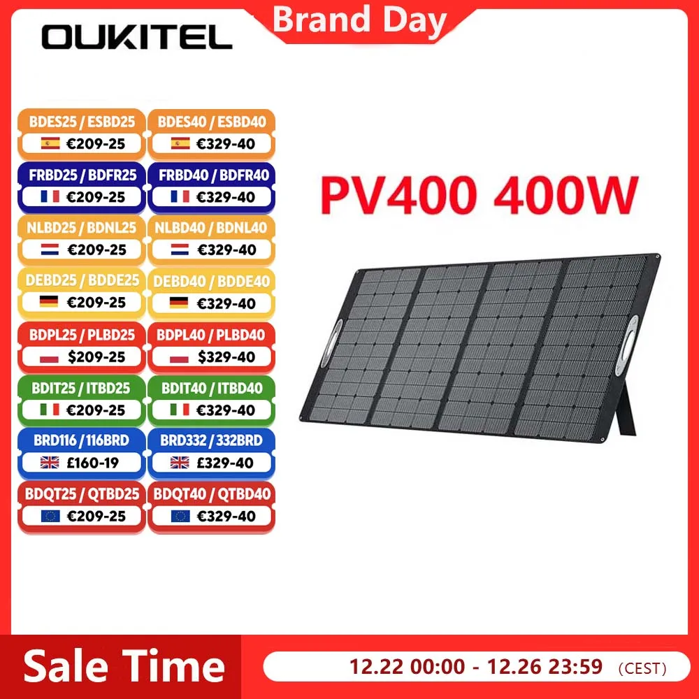 OUKITEL PV400 400W panneau solaire pliable 48V 12A avec béquille taux de Conversion d'énergie 23% IP65 étanche taille 1048*2333*25m