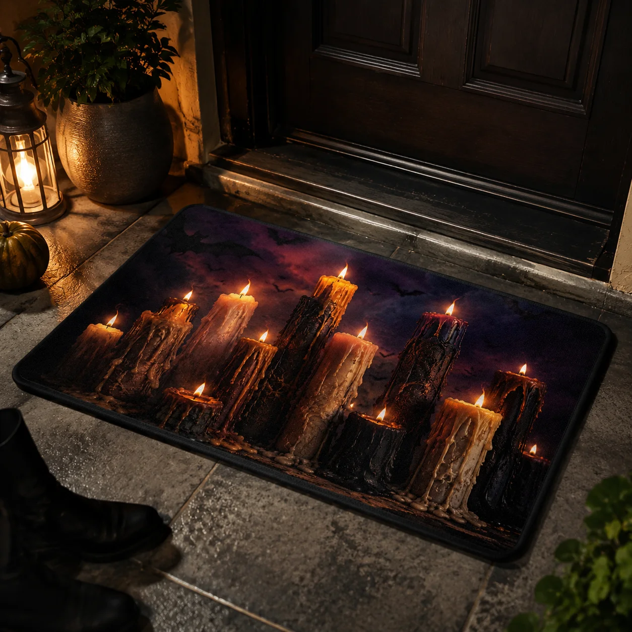 VIKAMA Melting Candles Bat Halloween Doormat Non Slip Indoor Outdoor Rug Dark Gothic Spooky Front Entrance Welcome Door Mat