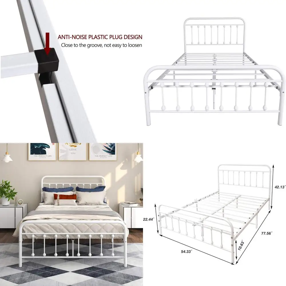 Vintage Style Metal Platform Bed with Premium Steel Slat Support, No Box Spring Needed, Textured White