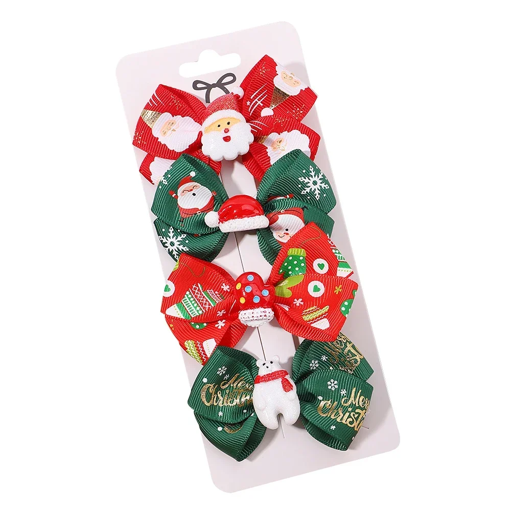 4Pcs Children\'s Christmas Hair Accessories Hairpin Set Cartoon Santa Claus Style Bowknot Hairclip for Girl Party Cheer Headwear