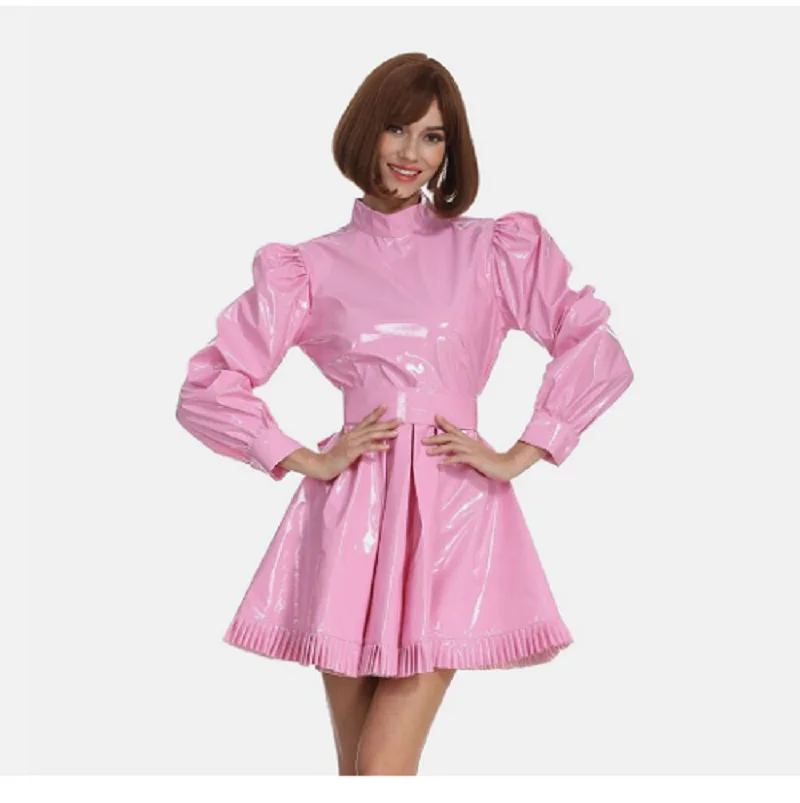 Sissy maid girl-vestido de pvc Rosa Bloqueable, disfraz de cosplay hecho a medida