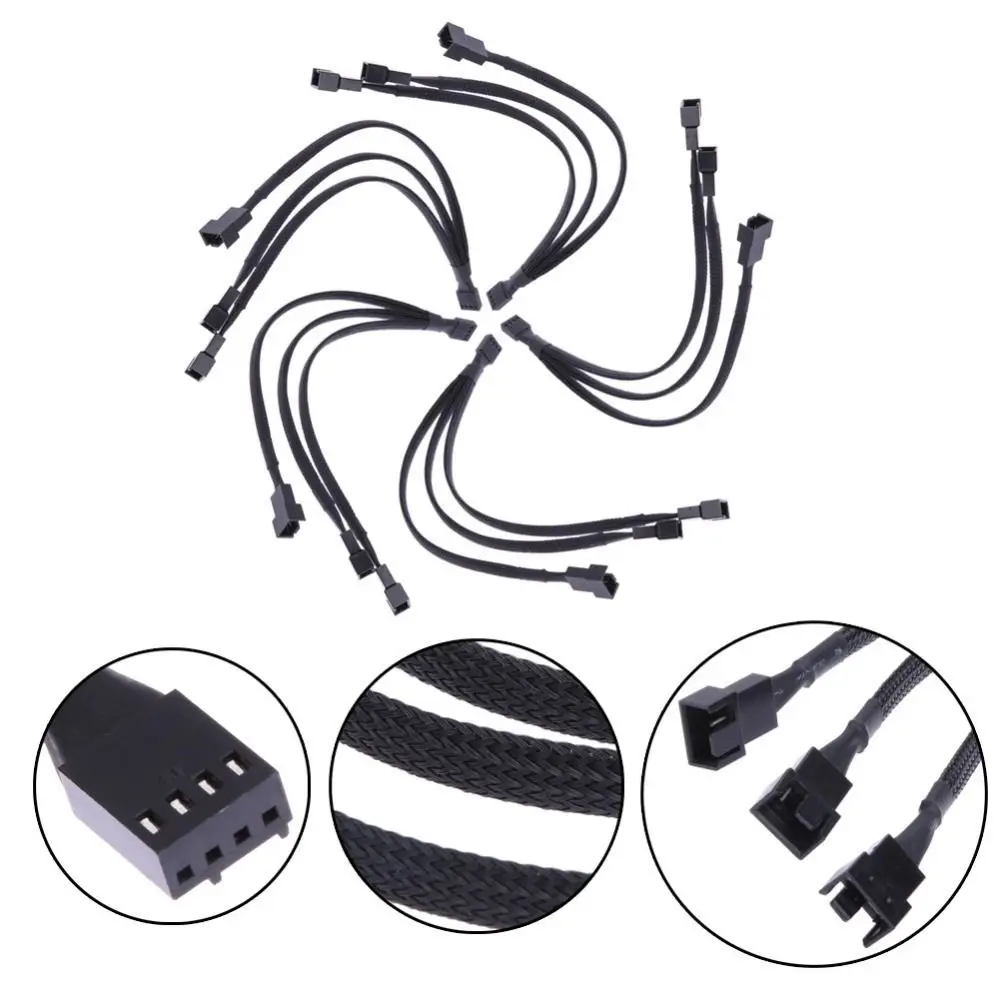 Male To Female 4 Pin Pwm Fan Cable Black Sleeved Braided Sleeving Temperature Control Fan Cable 4/3/2/1 Ways Splitter