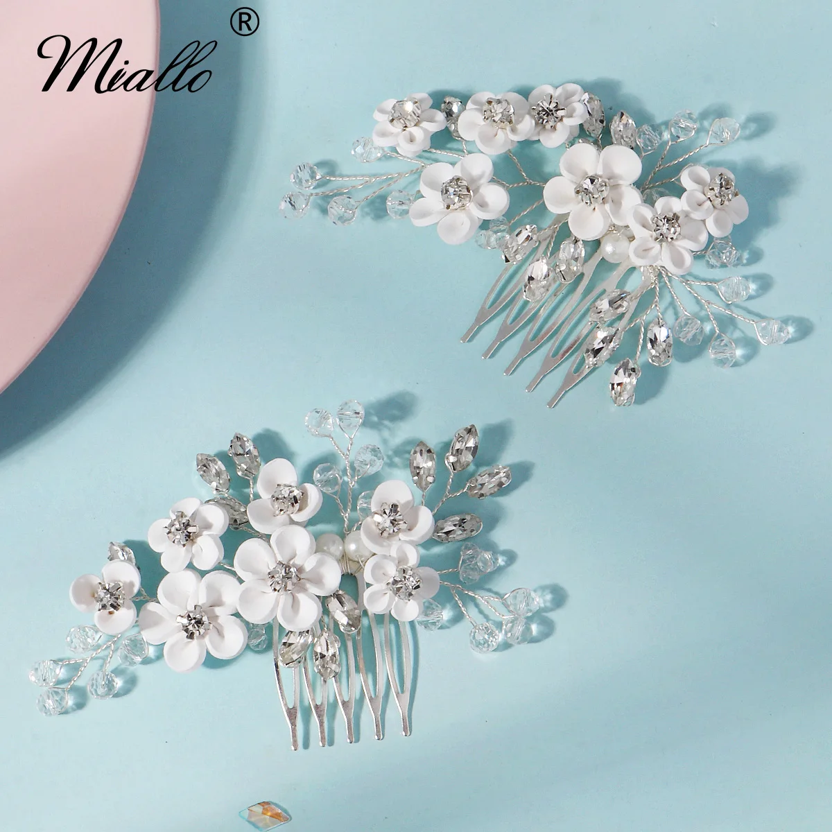 

Miallo Handmade White Soft Ceramic Crystal Insert Comb Bridal Headdress Flower Hair Comb Wedding Accessories Updo Accessories