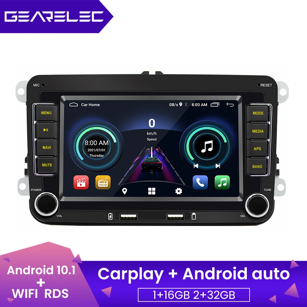 GEARELEC 7 Inch 2 Din Car Stereo Radio for VW Android 10.1 Head Unit with Carplay GPS Navigation WiFi Bluetooth RDS FM AM Radio