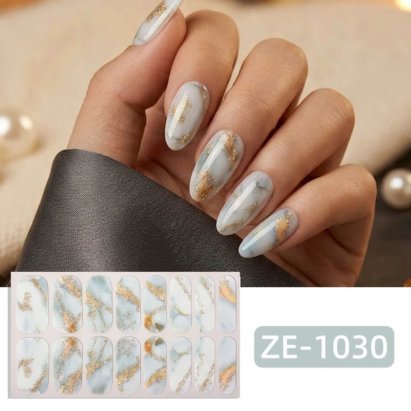 16Tips Full Cover Nail Stickers Gradient Marble Nail Polish Strips Long-Lasting Self Adhesive Nail Art DIY Manicure Decoration