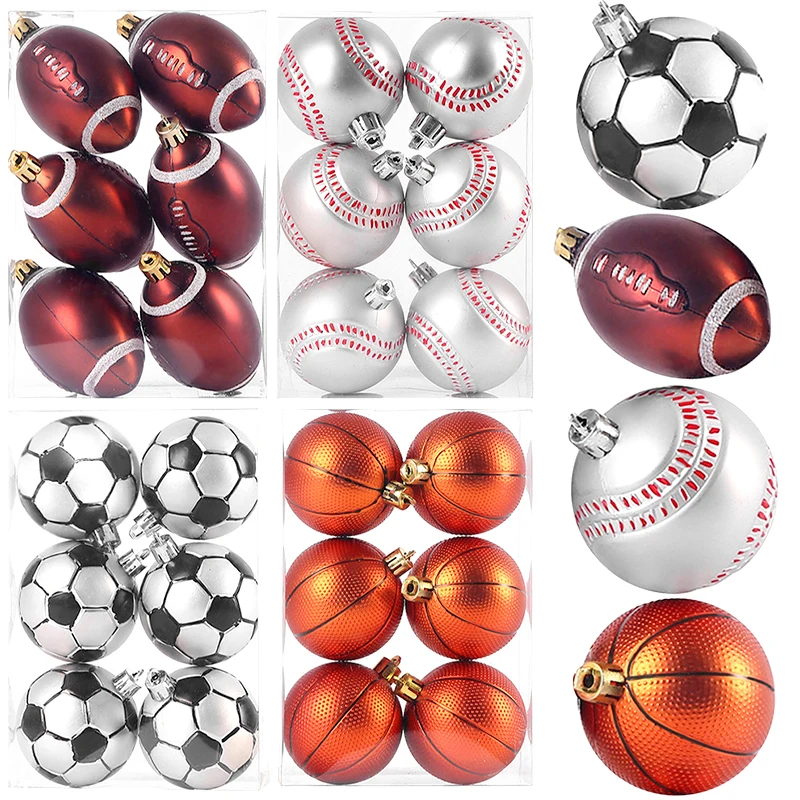 6pcs Christmas Ball Plastic Xmas Tree Hanging Ornaments Football Basketball Rugby Baseball Pendants Christmas New Year Decor