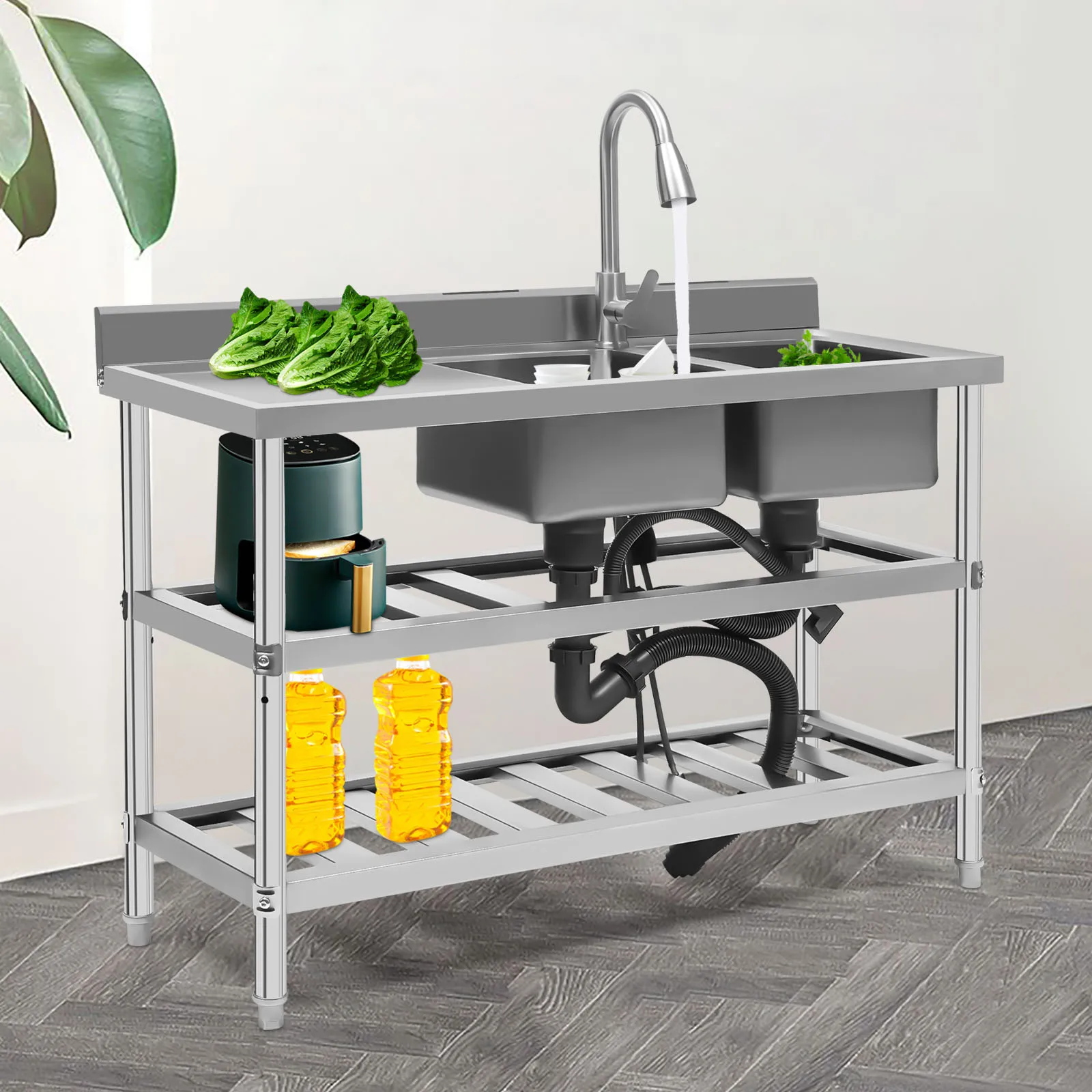 

Stainless steel kitchen sink Commercial Rectangle dual sink w/ Workbench hot cold faucets 3-Tier Max Load 400kg/882lbs